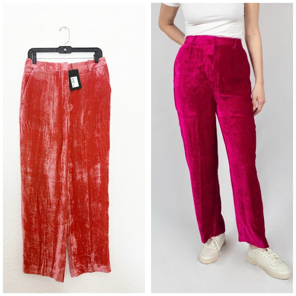 NWT The Kooples Joyce Velvet Corduroy Trousers Size 2 Salmon Rose Wide Leg 70s
